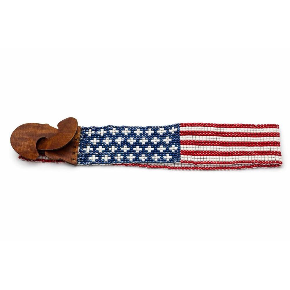 Vintage Patriotic Beaded American Flag Belt Wood Buckle 70s Festival Boho